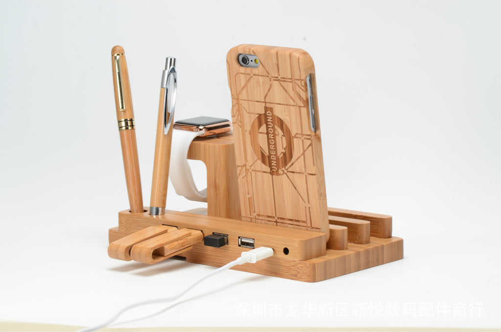 LUXOVIBE™  Bamboo, wood andMobile applewatch bracket charging wooden bracket multi-function flat cell phone base