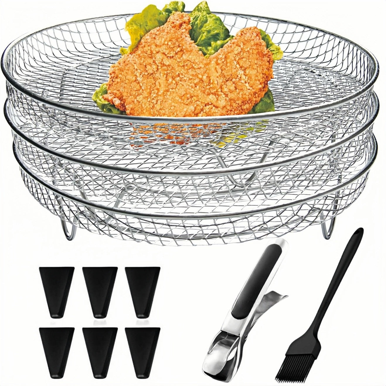 Air Fryer Barbecue Grill Round 3-Layer Stacked Mesh Oven Accessories 304 Stainless Steel Grilling Mesh Dehydration Rack Drain Rack