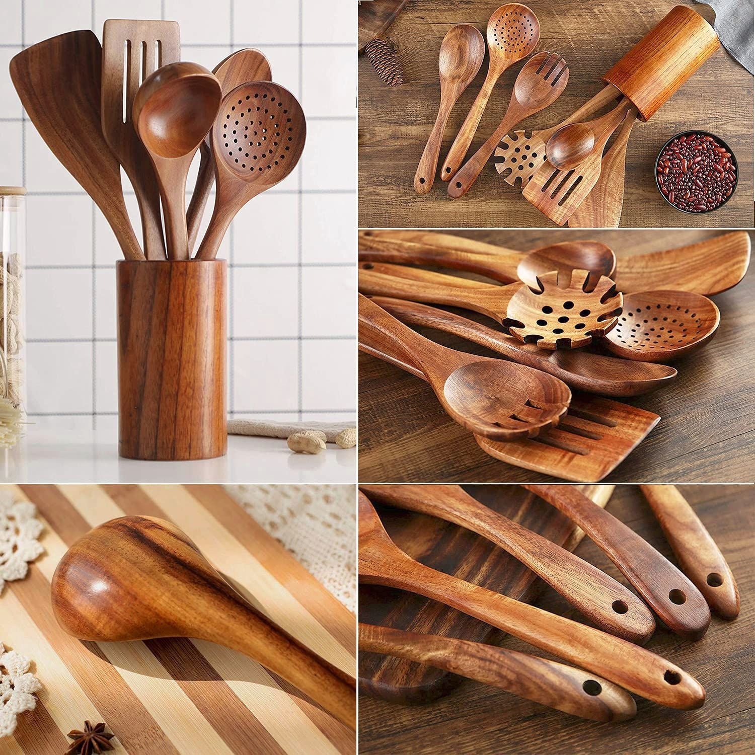 Household Acacia Wood Kitchenware Suit Teak Long Handle Soup Spoon Wooden Colander Non-stick Pan Shovel Wholesale